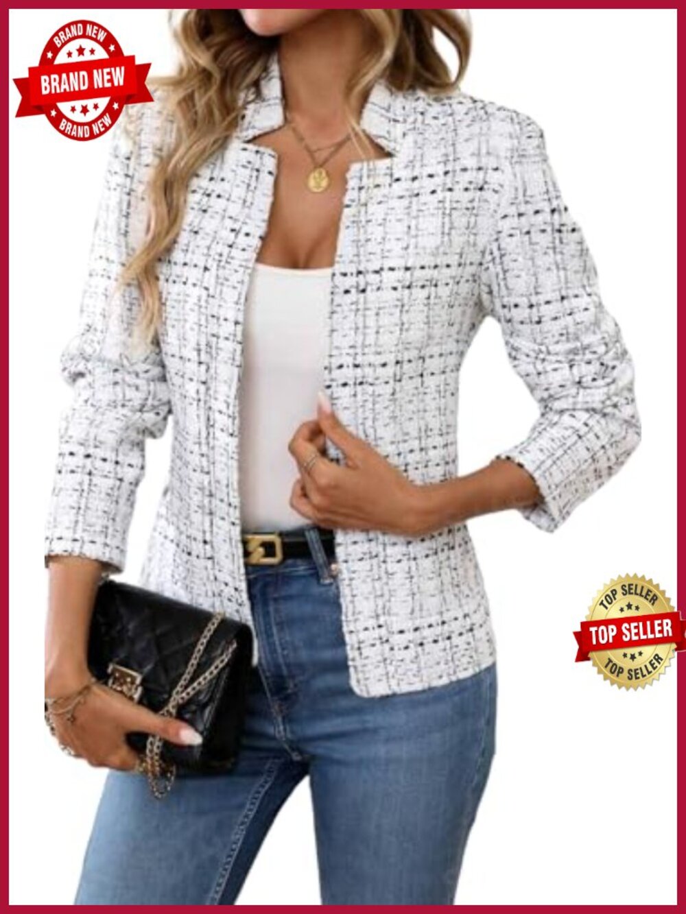 Tweed Open Front Blazer Long Sleeve Notch Collar Business Casual